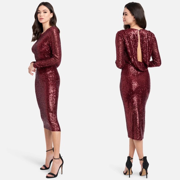 Bebe Red Sequin Long Sleeve Cowl Back Midi Dress - Picture 1 of 8
